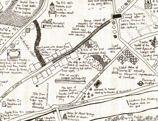 A hand-drawn map of part of Chelsea, with implausible annotations